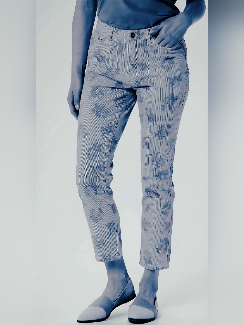Studio By D&CO Floral-Striped Cropped Ankle Pants — Light Blue Sz 12